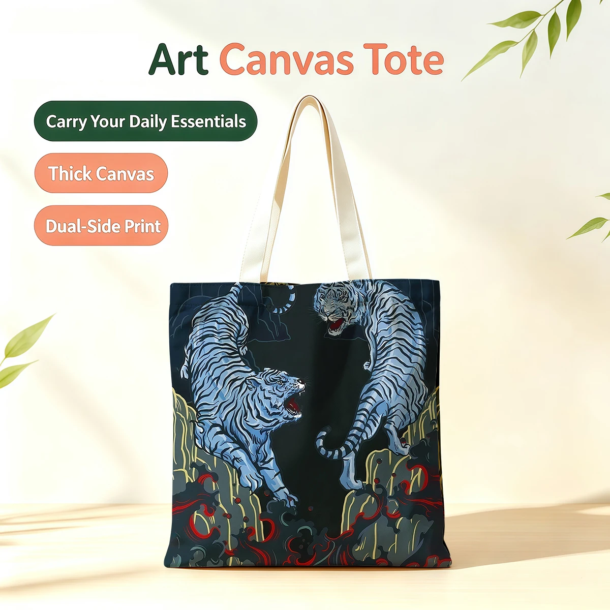 

Dual Blue Tigers Dual-Side Printed Tote Bag Eco Handbag for School Office Daily Errands Daily Must-Have Bag