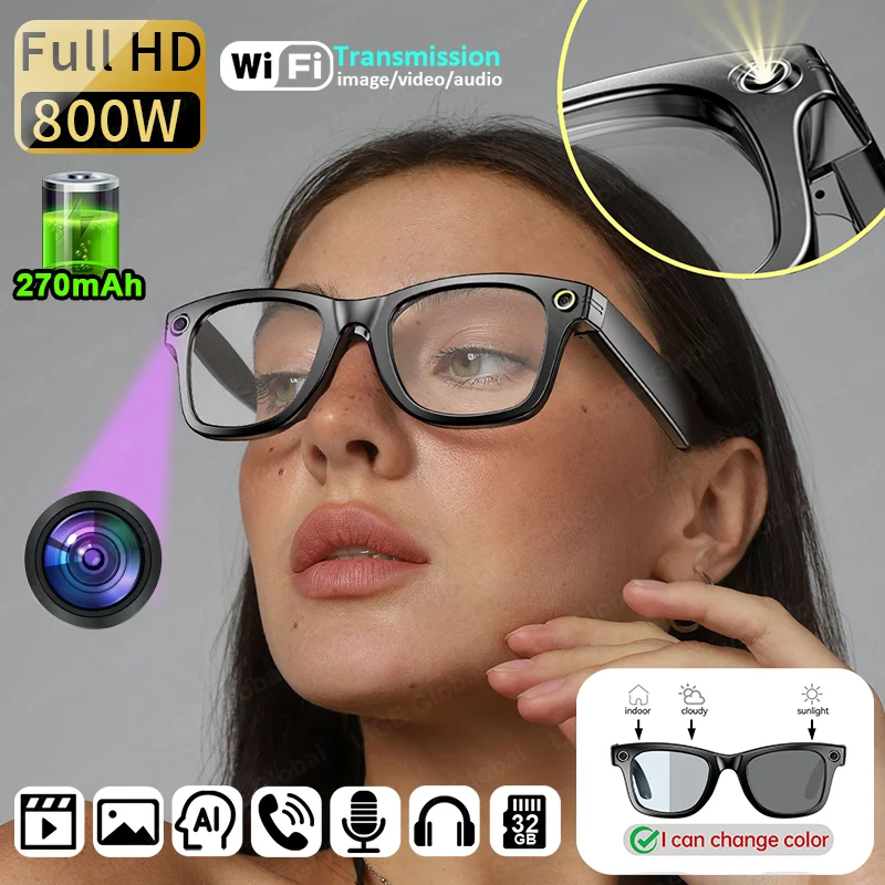 

LIGE 8-мегапиксельная камера, умные очки, голосовой вызов, AI-перевод, видеозапись, Bluetooth-солнцезащитные очки, анти-УФ-синий свет, меняющие цвет линзы