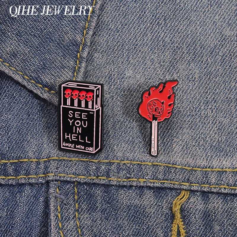 Esqueleto de terror combina alfileres esmaltados Punk See You In Hell Matchstick Box broches mochila insignia de solapa regalos de joyería de Halloween