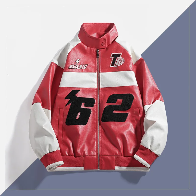 

Autumn Men Coat Waterproof Windproof High Street Male Leather Outerwear Letter Printed Stand Collar Long Sleeve Man Jacket