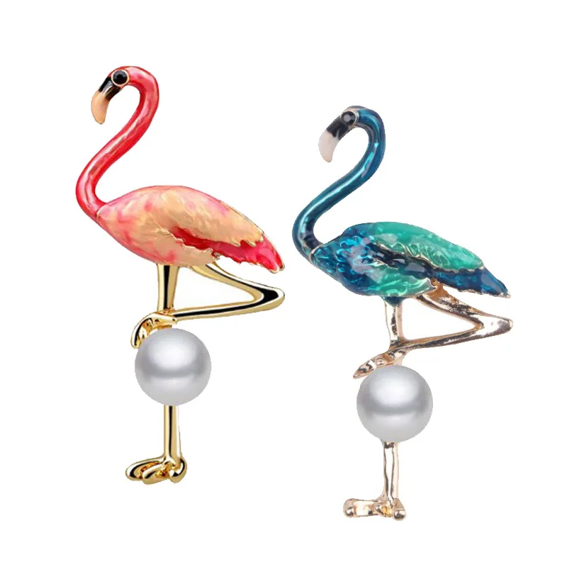 

Fashion Enamel Pearl Flamingo Bird Brooches For Women Men Trendy Colorful Alloy Bird Animal Brooch Pins Party Jewelry Gifts New