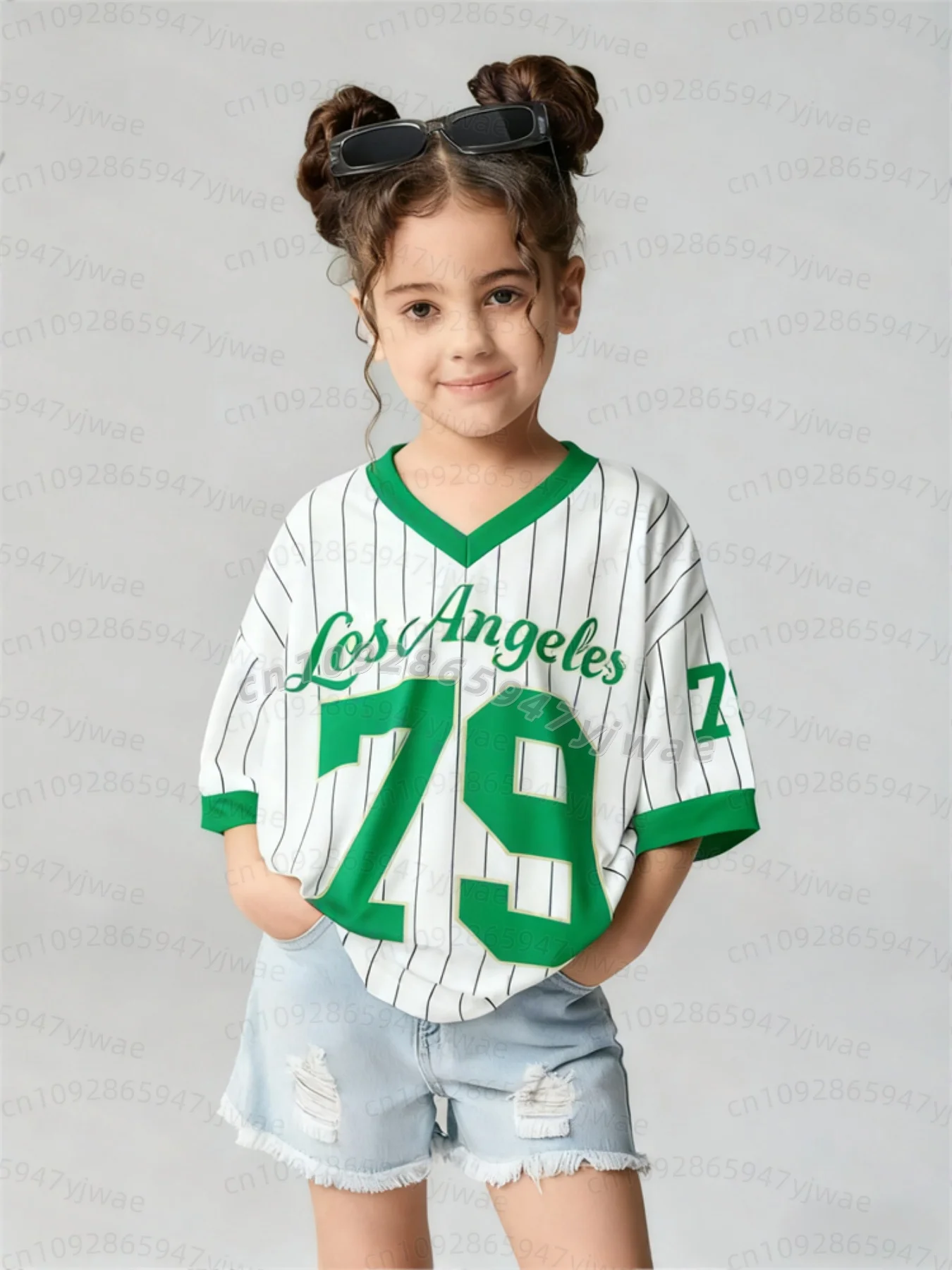 26 Mädchen Freizeit-Sportstil Los Angeles Nr. 79 Muster Farbblock-Print Kurzarm V-Ausschnitt Damen Kinder Erwachsene T-Shirt – Detail 14