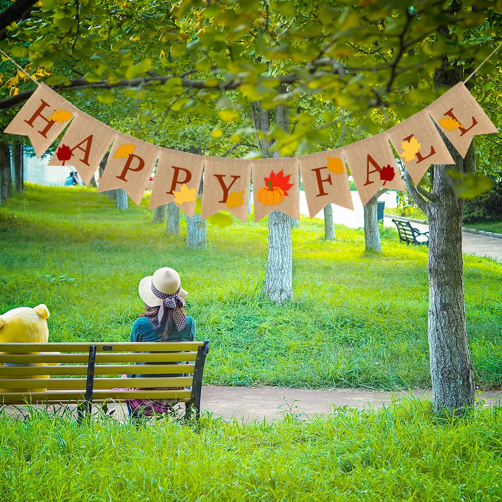 Happy Fall Thanksgiving Day Maple Leaf Themed Linen Banner Swallowtail Shape Party Banner Thanksgiving Day Banner