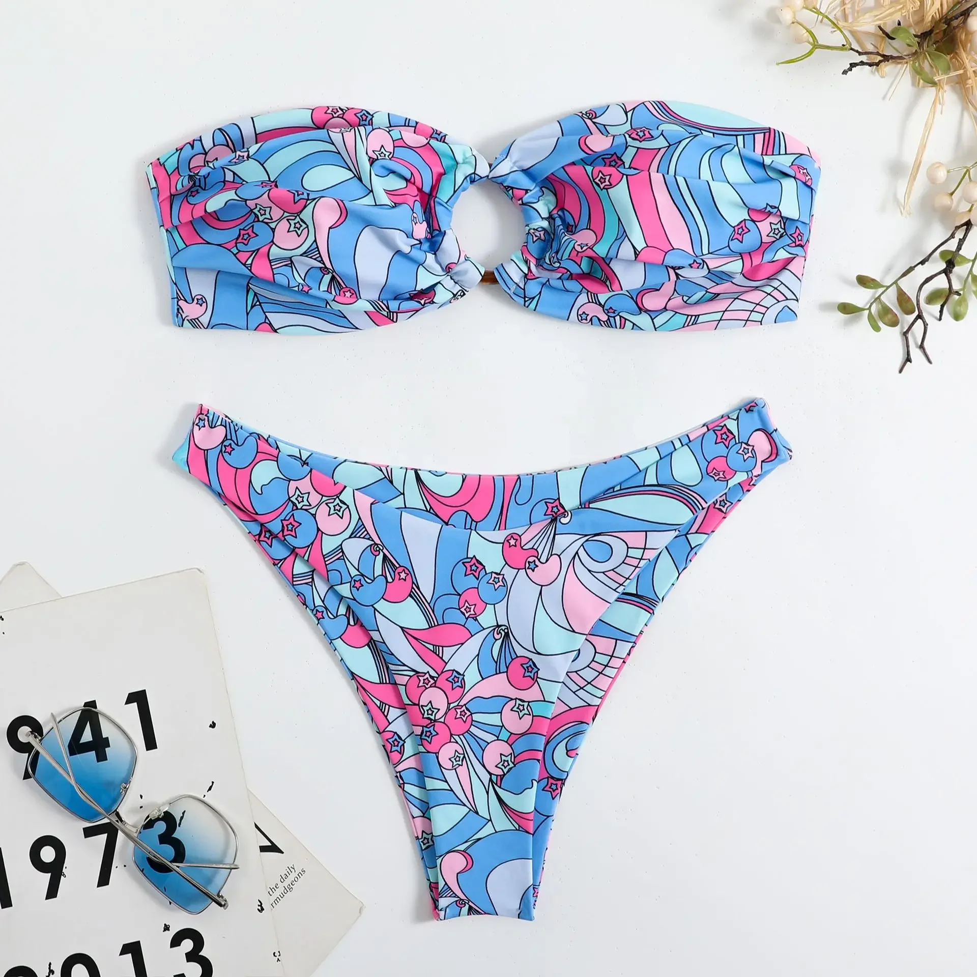 Women Floral Print Bandeau Ring Bikini Sets Two Pieces Thong Swimsuit Swimwear Bathing Suit Beach Outfits Biquini
