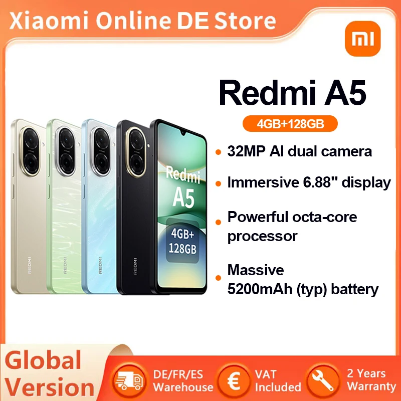Versione globale Xiaomi Redmi A5 4G Smartphone Display da 6,88'' 120Hz Batteria da 5200mAh Fotocamera reale da 32MP Jack audio da 3,5 mm