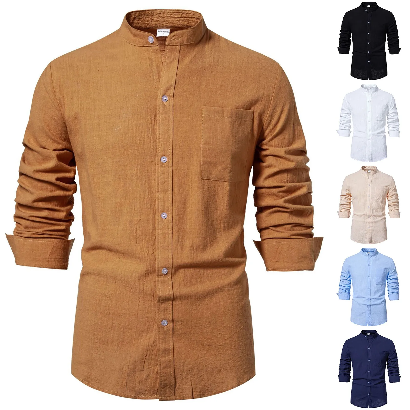 Cotton And Linen Men'S Spring And Autumn Casual Clothing Loose Simple Solid Color Long-Sleeved Shirt Ropa Hombre