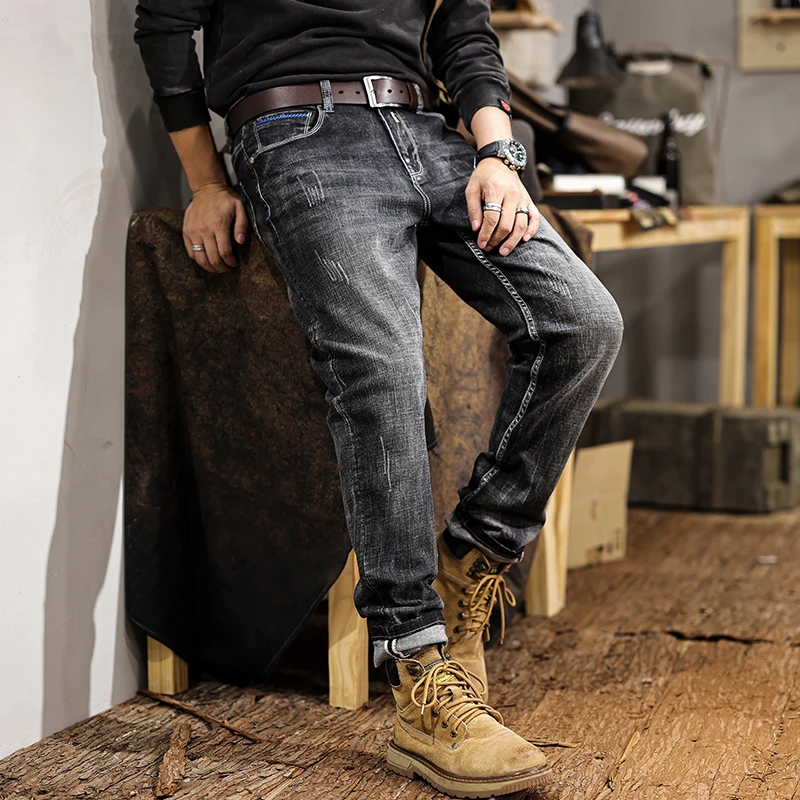 جينز دينم مغسول عصرية لربيع وخريف 2025 للرجال سروال أمريكي عتيق غير رسمي بقصة ضيقة قابل للتمدد