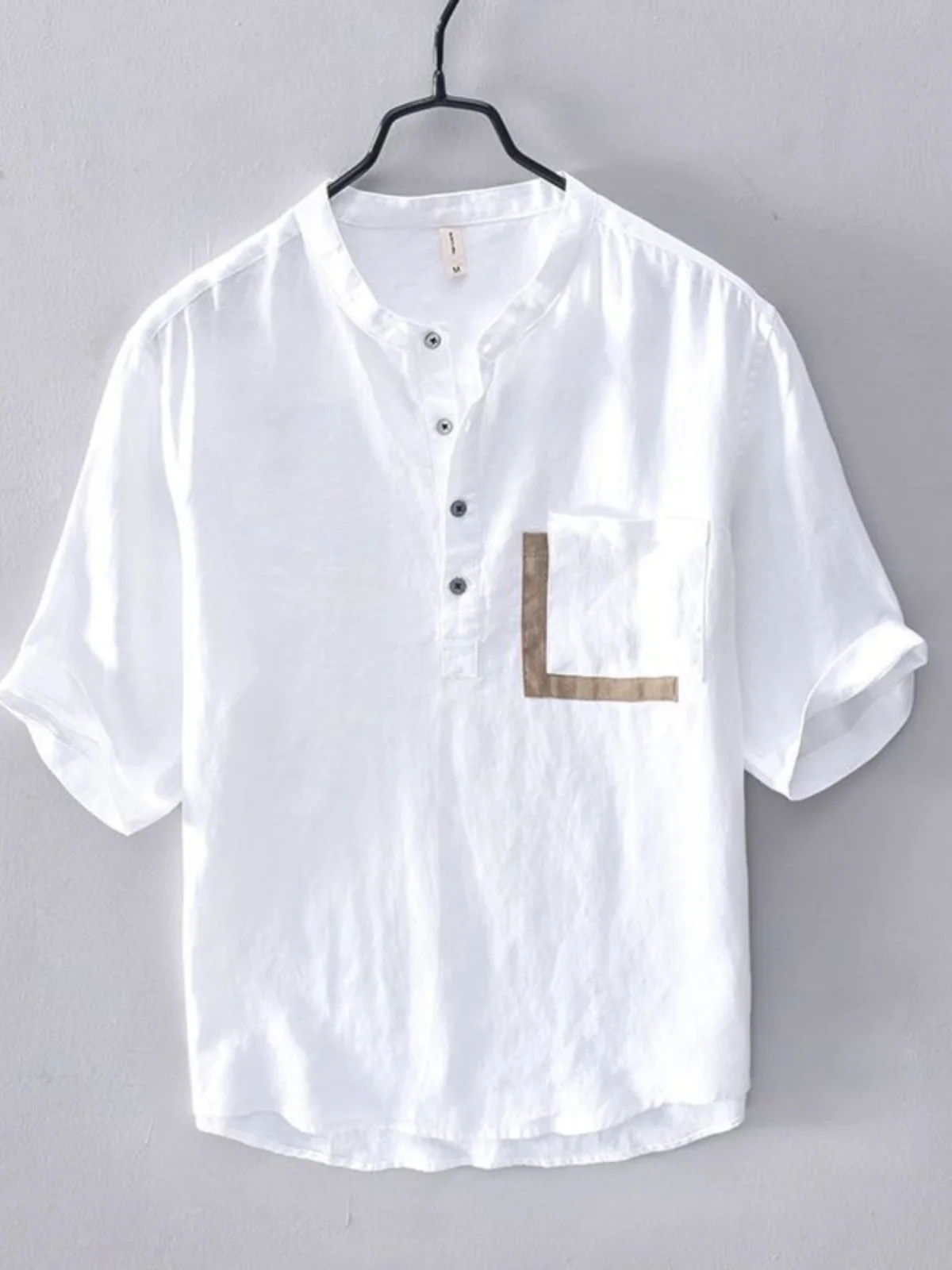loose-cotton-linen-short-sleeve-shirt-men's-casual-thin-style-summer-vintage-breathable-overhead-pocket-handkerchief