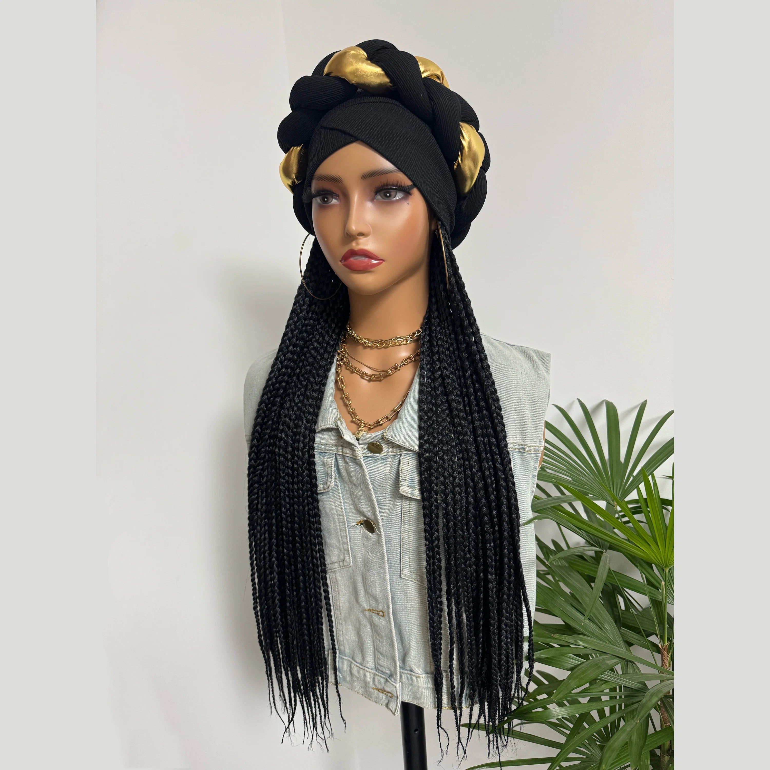 WIGERA Long 24Inch Synthetic Black Box Braided With Black Blonded Headband Turban Hat Box Braiding Hair Extensions For Women