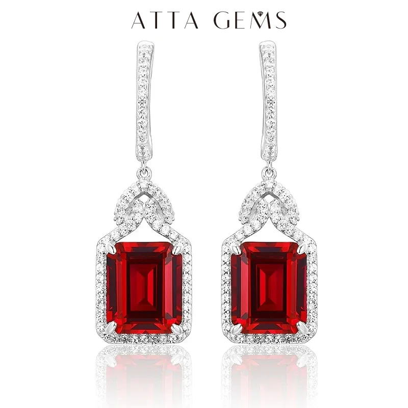 ATTAGEMS Ruby Real Sterling Silver Earring for Women Charming Style Created Sapphire 12 Carats Octagon Cut Wedding Jewelry Gifts