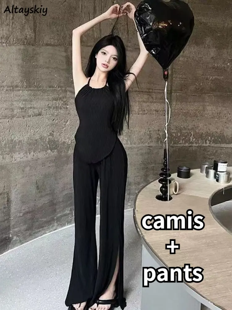

2 Pcs Sets Women Slim Pure Halter Chic Backless Sexy Aesthetic Camisole Wide Leg Leisure Smooth Side-slit Pants Summer Popular