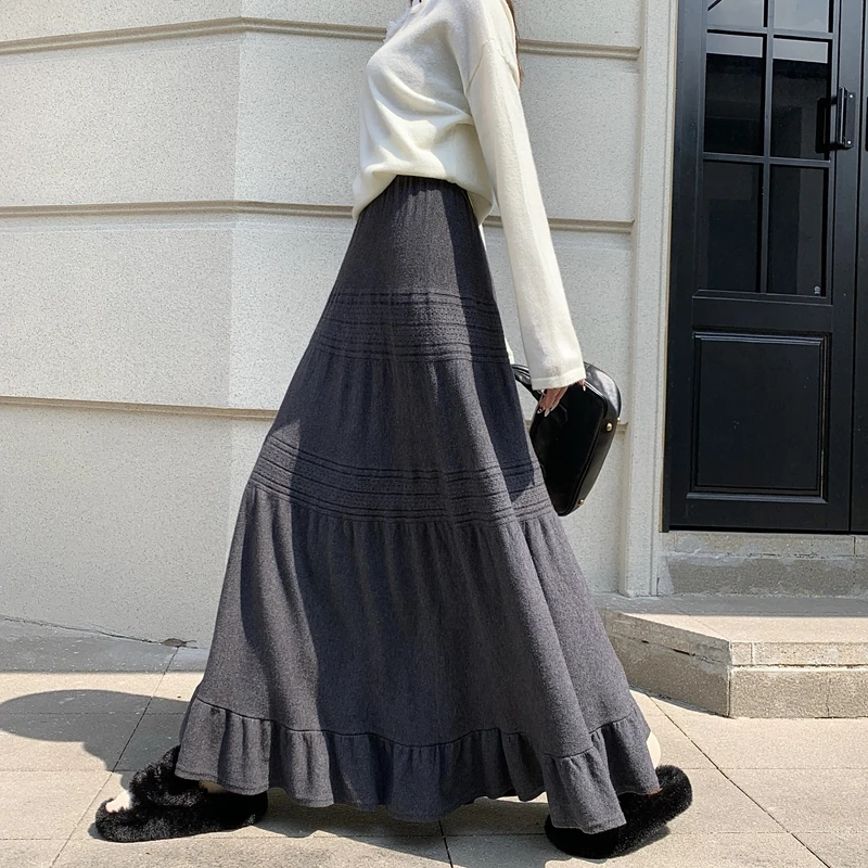 2026 Herfst Winter Kant Splitsen Gebreide Halve Rok Vrouwen Hoge Taille Afslanken Garen Taart Rok Brede A-lijn Casual rok