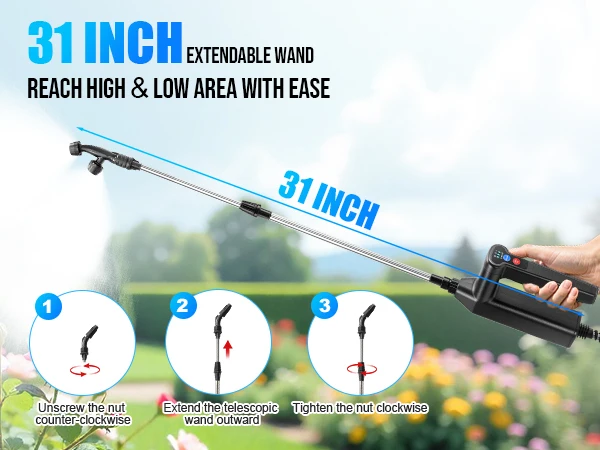 2 Gallon Battery Powered Sprayer, Electric Garden Sprayer with 3 Adjustable Pressure Levels, 4 Nozzles & Extendable Wand