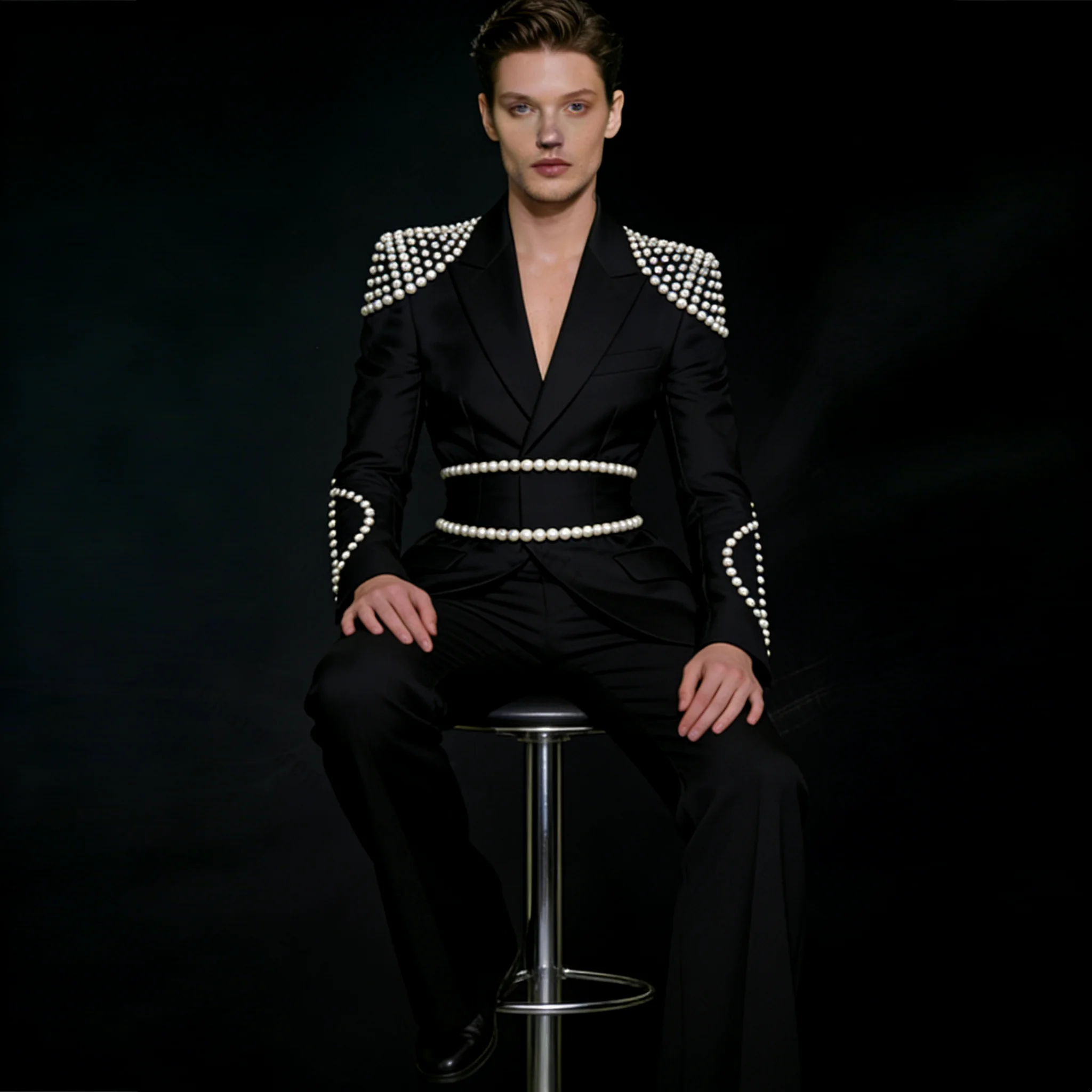 

Glitter Pearls Black Men Suits Set 2 Pcs Blazer+Pants Trousers Luxury Wedding Tuxedo Formal Office Business Groom Jacket Coat