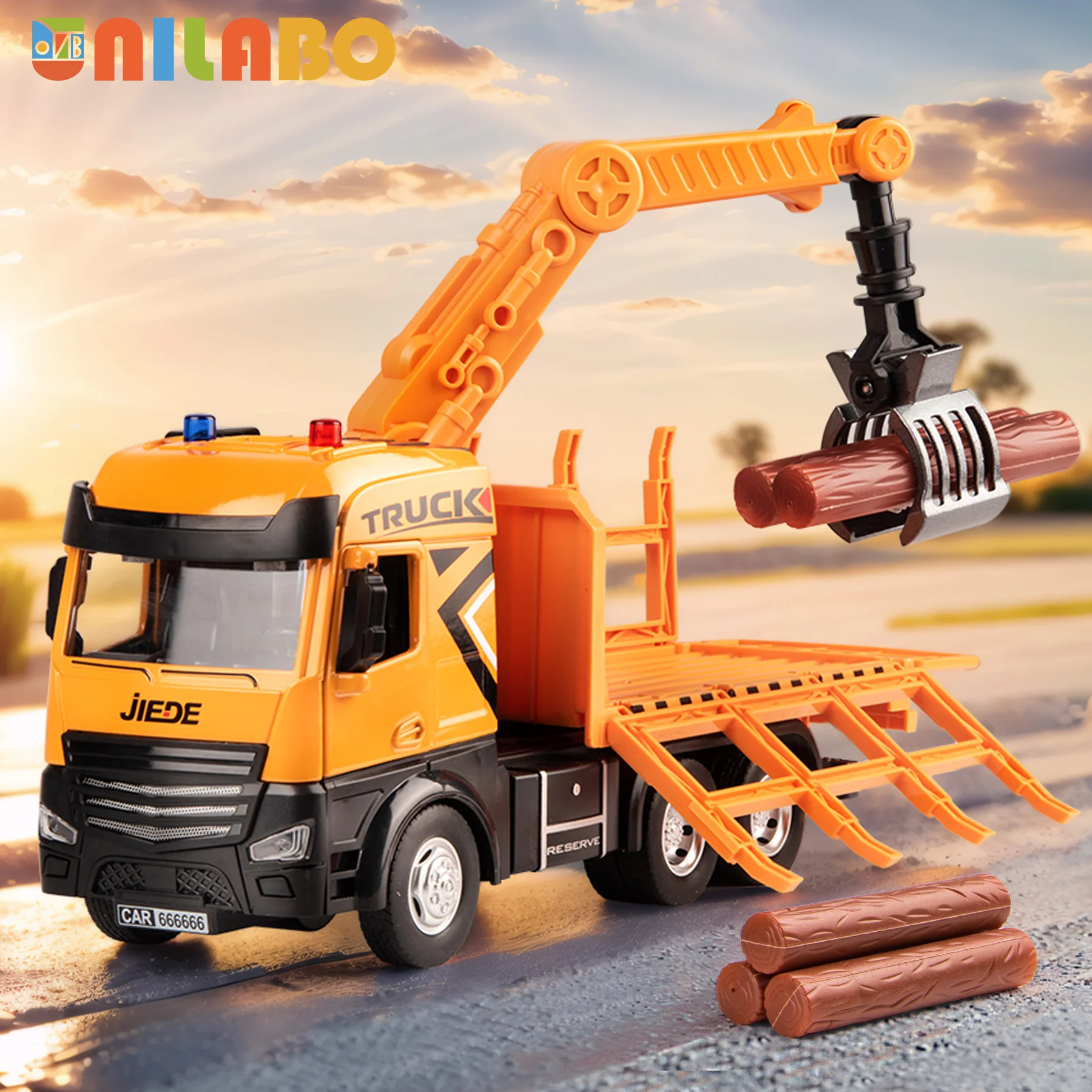 

Alloy 1:40 Log Truck with Log Claw - Inertia Powered, Lights Sounds, Rotating Stand - Perfect Toy Gift for Boys Girls 3+