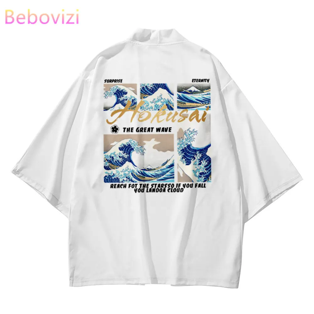 

Fashion Kanagawa Waves Print Japanese White Kimono Beach Women Cardigan Yukata Traditional Men Cosplay Haori Asian Clothing