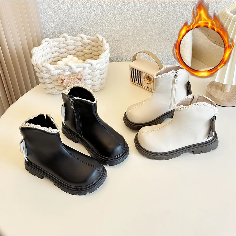 

Girls Princess Boots Kids Bowknot Boots Sweet Lace 2025 Winter New Plus Cotton Warm Children Short Boots Pu Leather Soft Sole