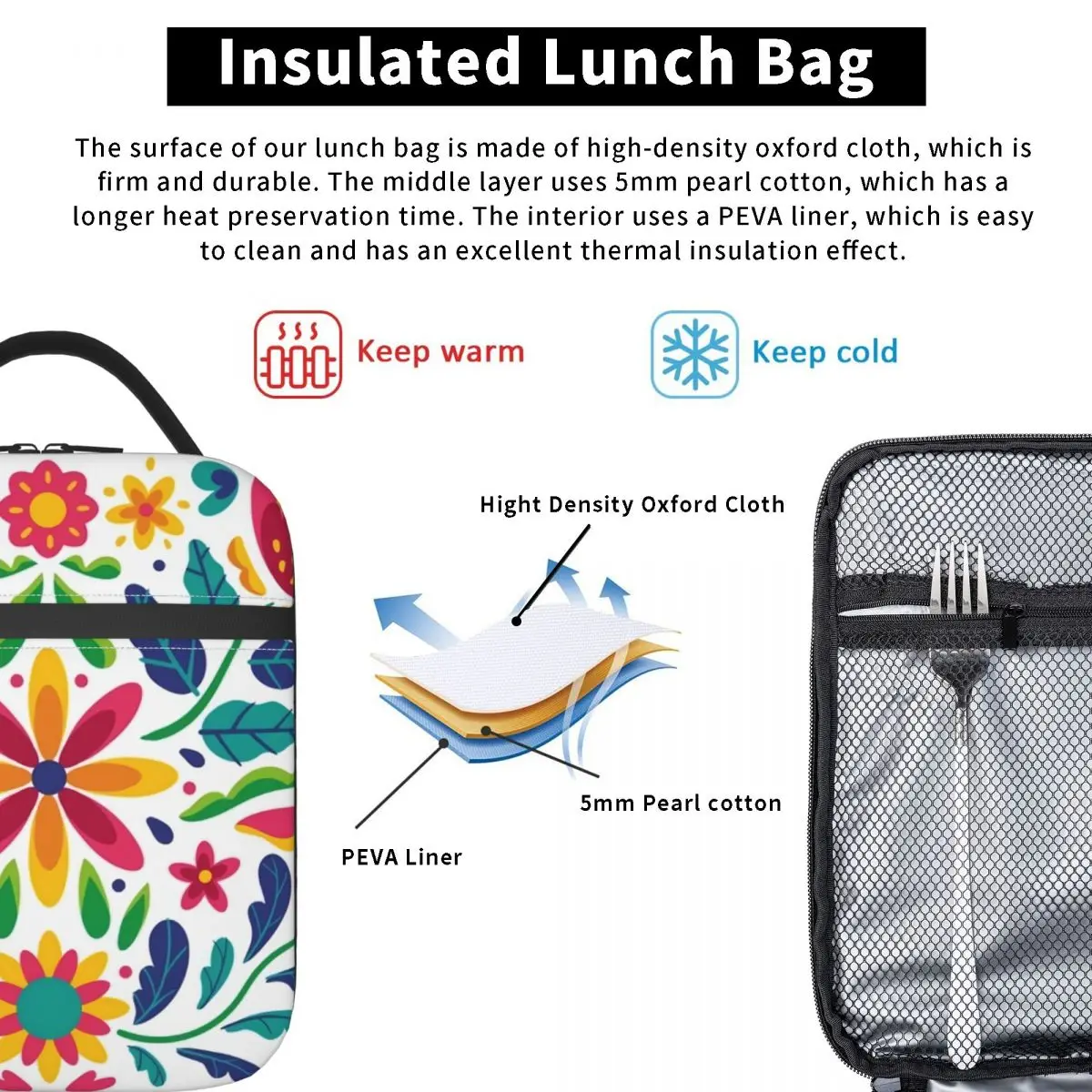 Mexican Flowers Thermal Insulated Lunch Bags Women Portable Lunch Tote for Kids School Children Multifunction Food Box