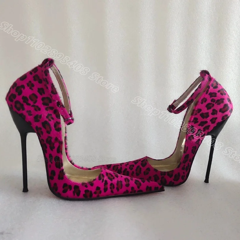 Rose Red Leopard Print Sexy Pumps Pointed Toe Flock Ankle Buckle British Style Party Casual Women Shoes 2024 Zapatos Para Mujere