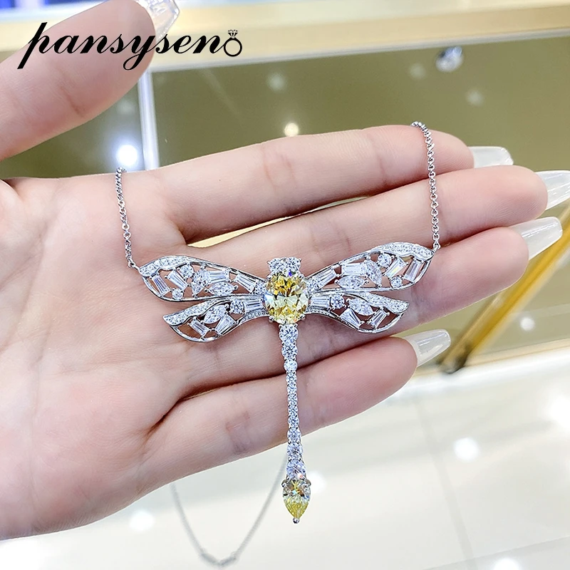 

PANSYSEN Solid 925 Sterling Silver Cute Dragonfly High Carbon Diamond Citrine Gemstone Pendant Necklaces for Women Wedding Gift