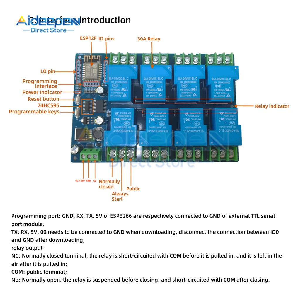 DC 7-28/5V Power Supply ESP8266 WiFi 8 Channel 30A Relay Module ESP-12F Development Board For Arduino