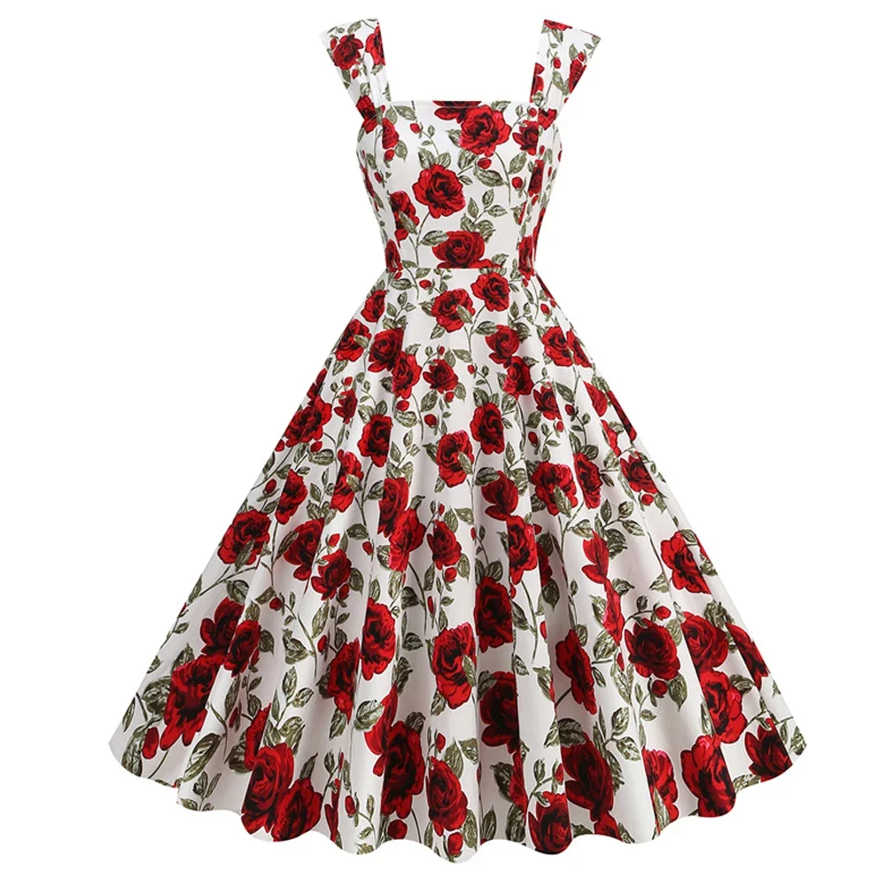 Vestido informal de algodón con cuello cuadrado Floral de los años 50 y 60 para mujer, vestido elegante sin mangas para Cosplay, ropa de fiesta Vintage, vestidos largos acampanados