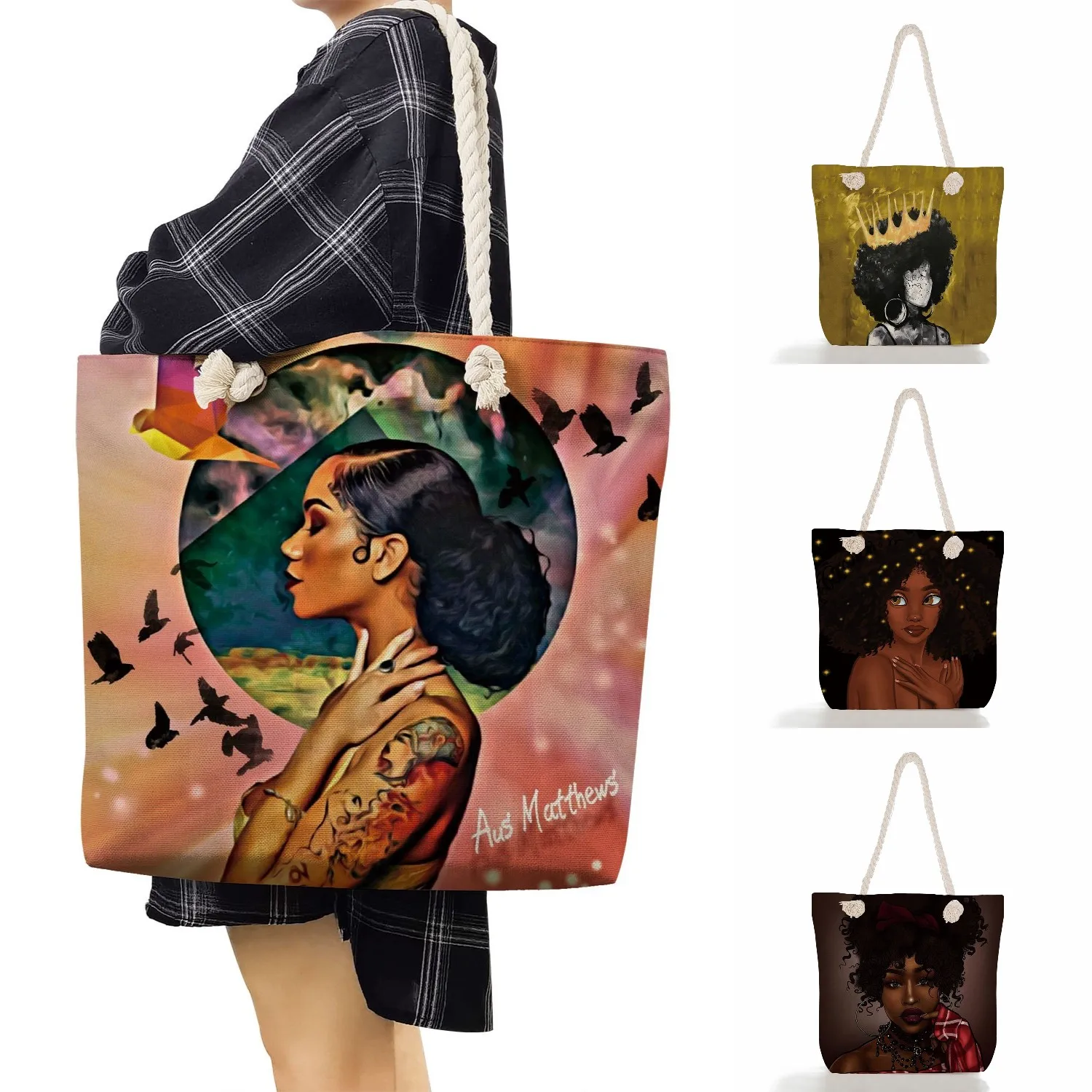 Foldable African Girl Painting Handbags Eco Reusable Shopping Bag Women Shoulder Bags Groceries Totes Casual Travel Beach Bag