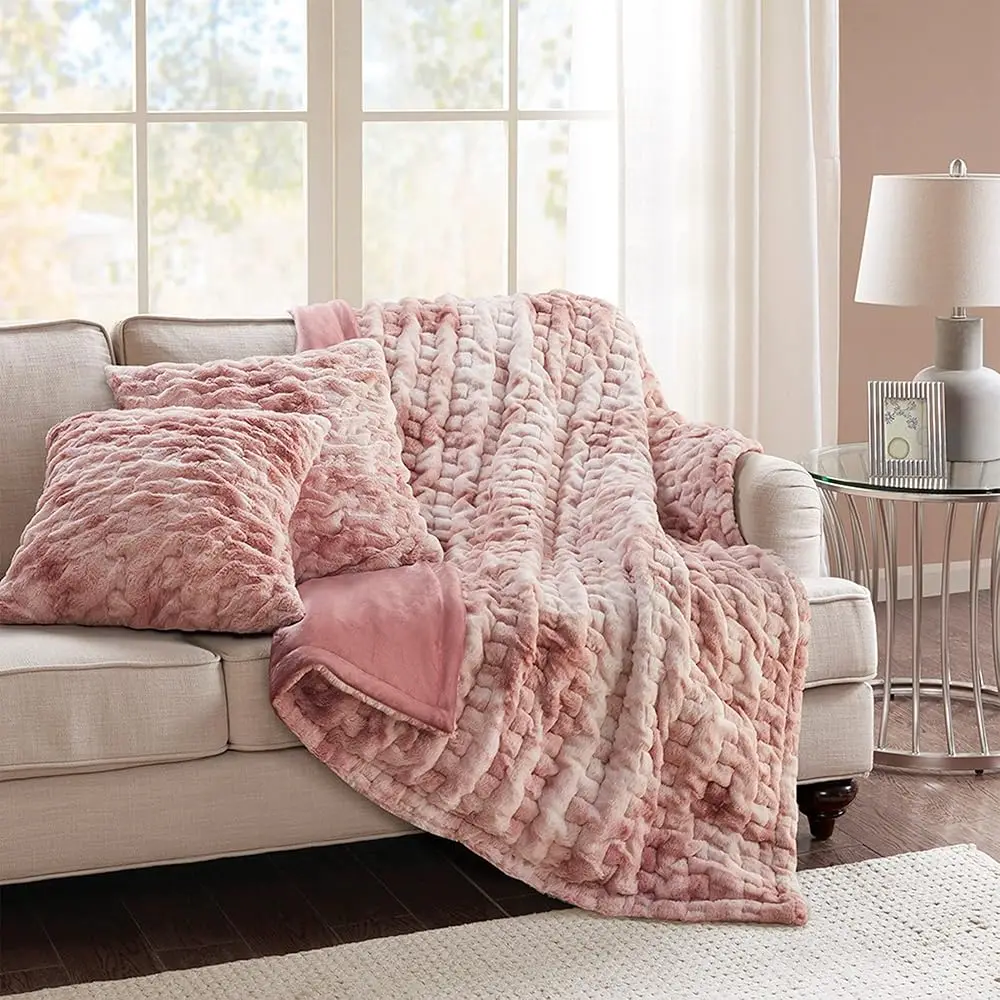 

Ruched Plush Throw Blanket And Pillow Set With 2 Matching Square Pillow Covers Sofa Throw Blanket For Living Room, Chair,