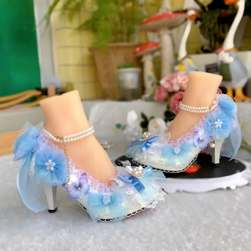Original Handmade Lolita รองเท้ารองเท้าแต่งงานเจ้าสาว Gorgeous สตรีปั๊มสีชมพูรอบหัวรองเท้าส้นสูง Loli Tea Party รองเท้าส้นสูงสีชมพู