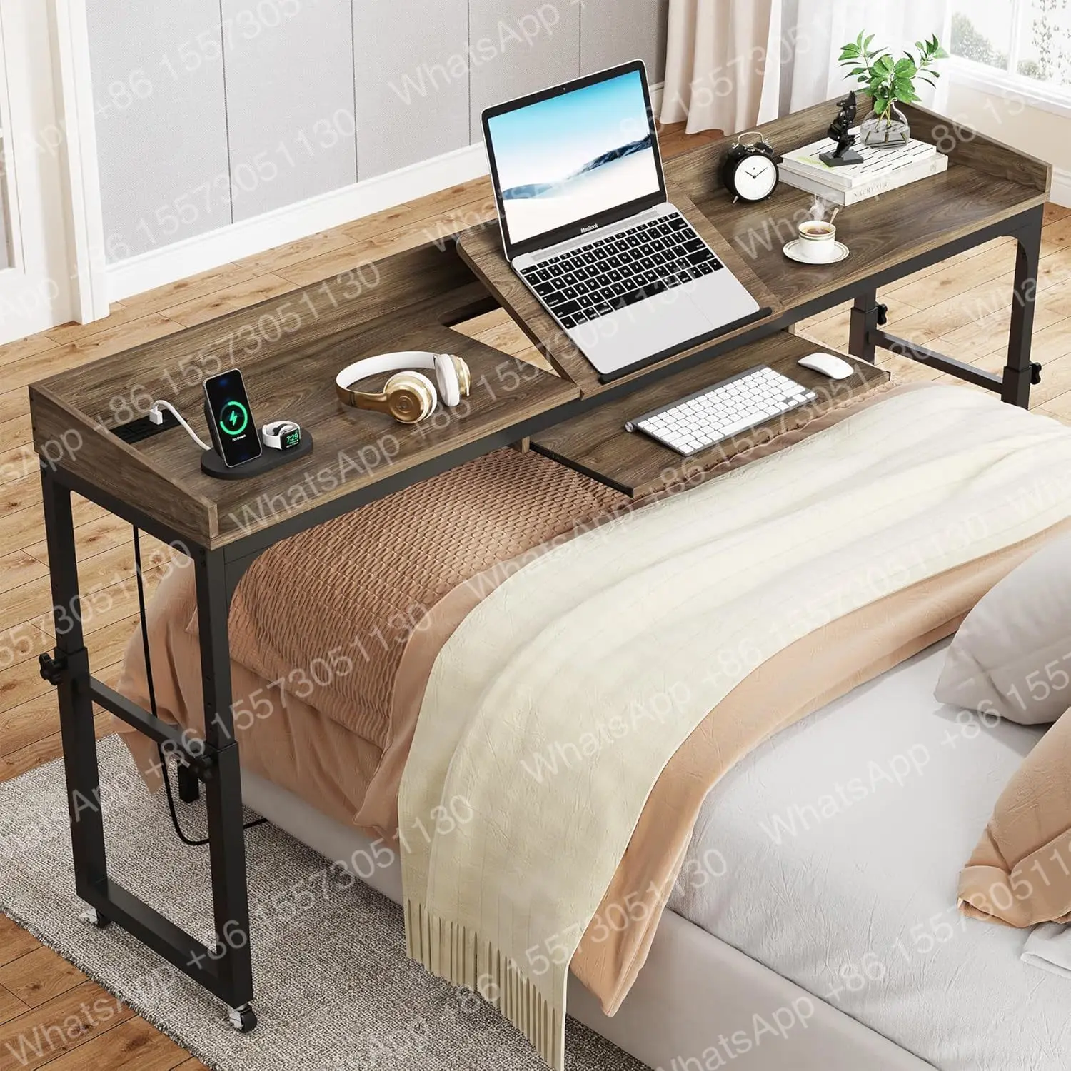 Height Adjustable Overbed Table with Wheels, Queen Size Over Bed Desk with Adjustable