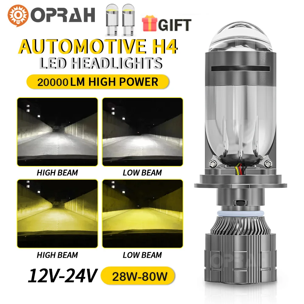 H4 LED Projector LED Car Headlight Mini Lens Bulbs 80W 20000LM Hi/Lo Beam Projector Dual Beam Lenses Canbus Headlamps 12V 24V