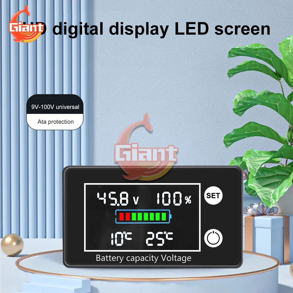 DC 10V-100V Digital Battery Voltmeter Volt Temp Battery Monitor Lead-acid Lithium Battery Capacity Indicator 12V 24V 48V 72V 84V