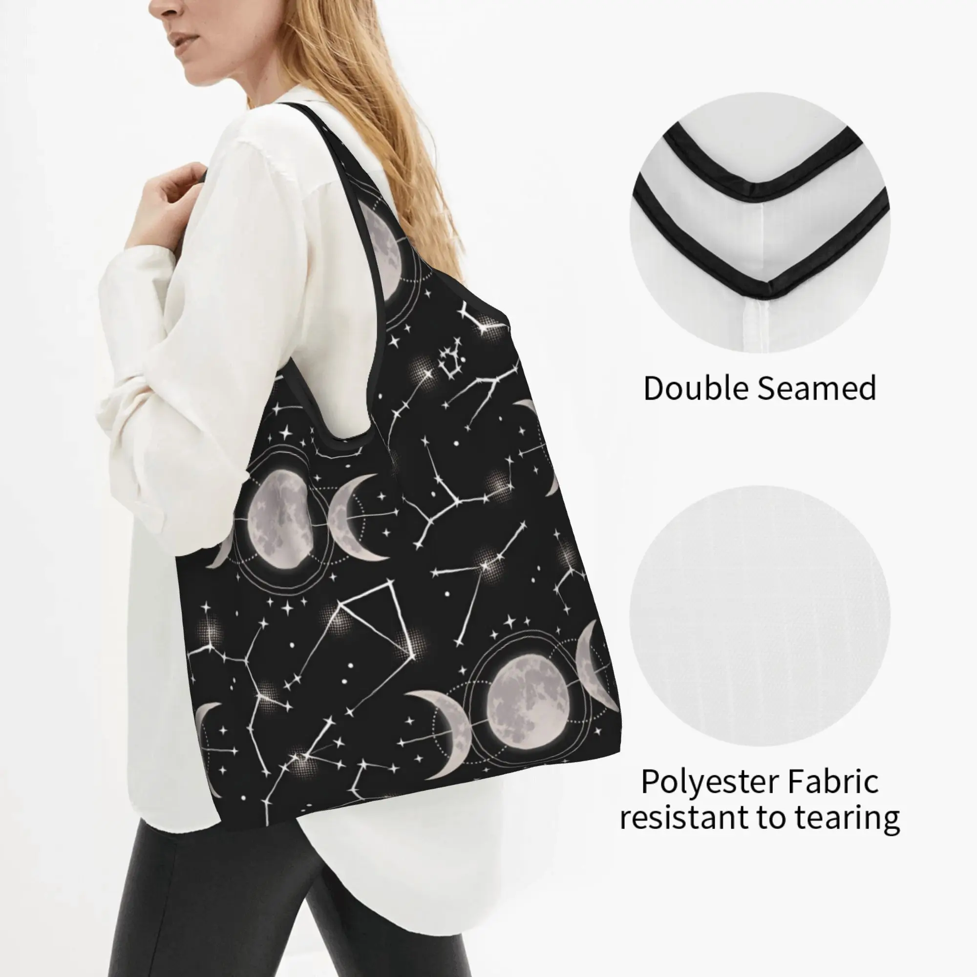 Triple Moon Night Pattern With Moon Crescent Stars Grocery Shopping Bags Cute Shopper Shoulder Tote Bag  Portable  Handbag