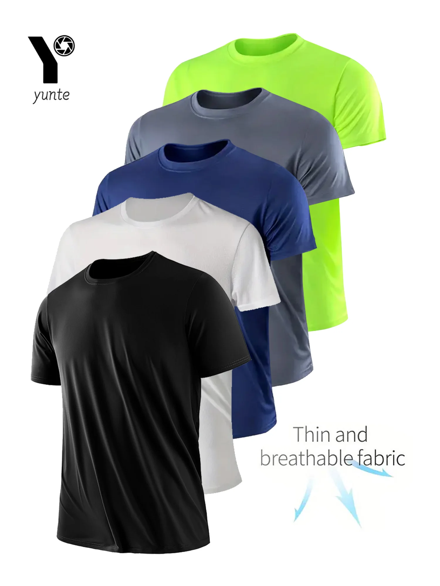 5-color black and white gray navy fluorescent green ultra-light men\'s round neck T-shirt quick-drying breathable sweat-absorbent shirt suitable for