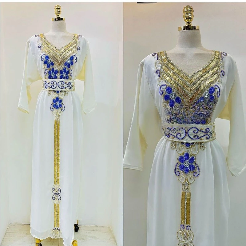 

New White Dubai Moroccan Kaftan Arabic Abaya Fancy Hand Zari Kaftan