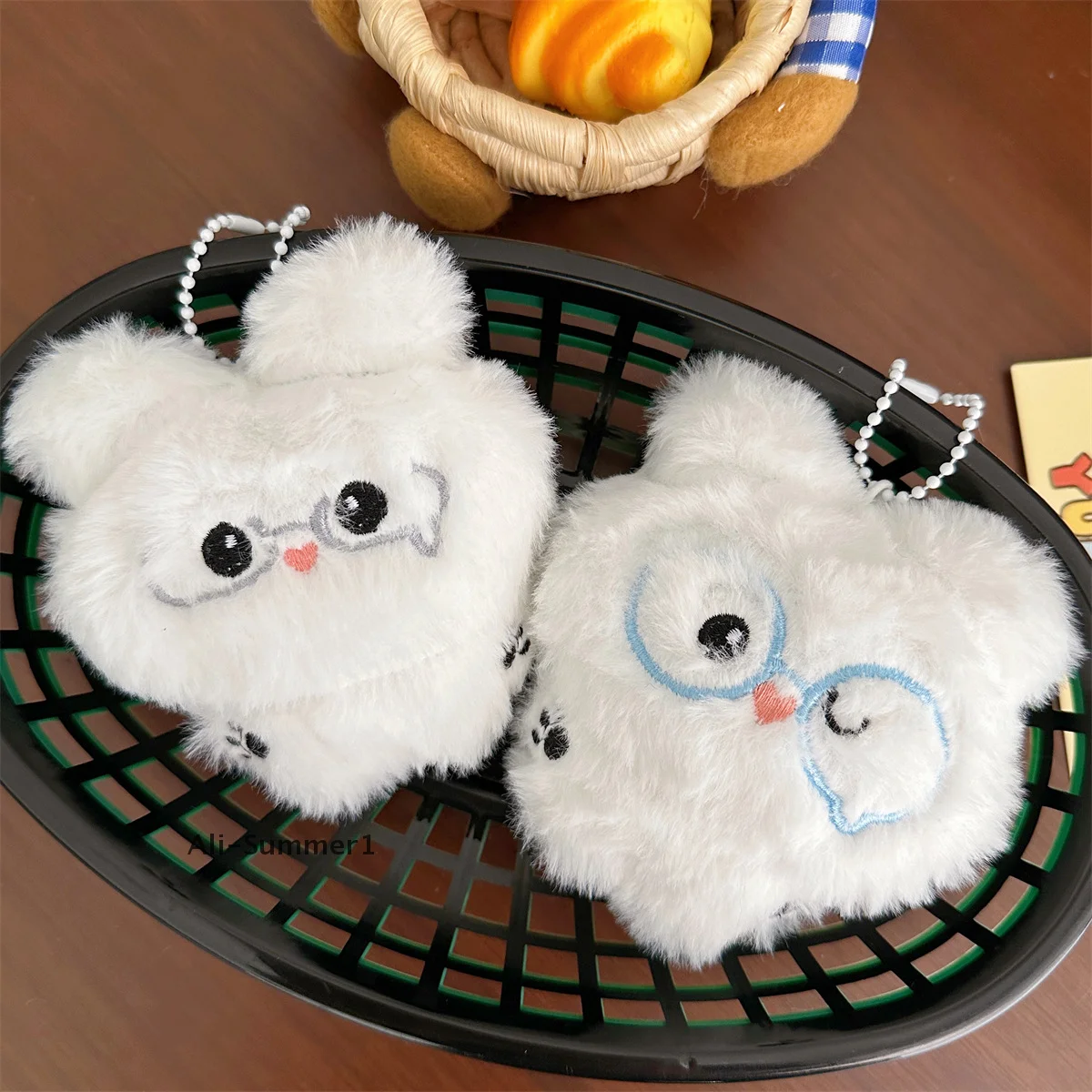 【E】Cute Bunny Plush Toy Keychain Cartoon Glasses Rabbit Soft Stuffed Doll Pendant KeyRing Backpack Bag Decor Kid Gift
