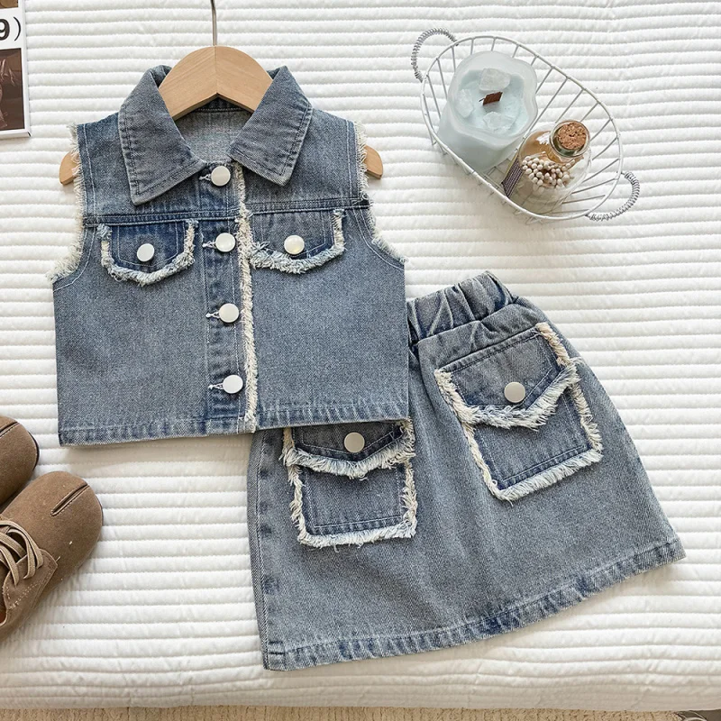 

Girls Fashion Sleeveless Denim Vest Suit2026Summer New Style Fringe Hem Two-Piece Skirt Set Trendy