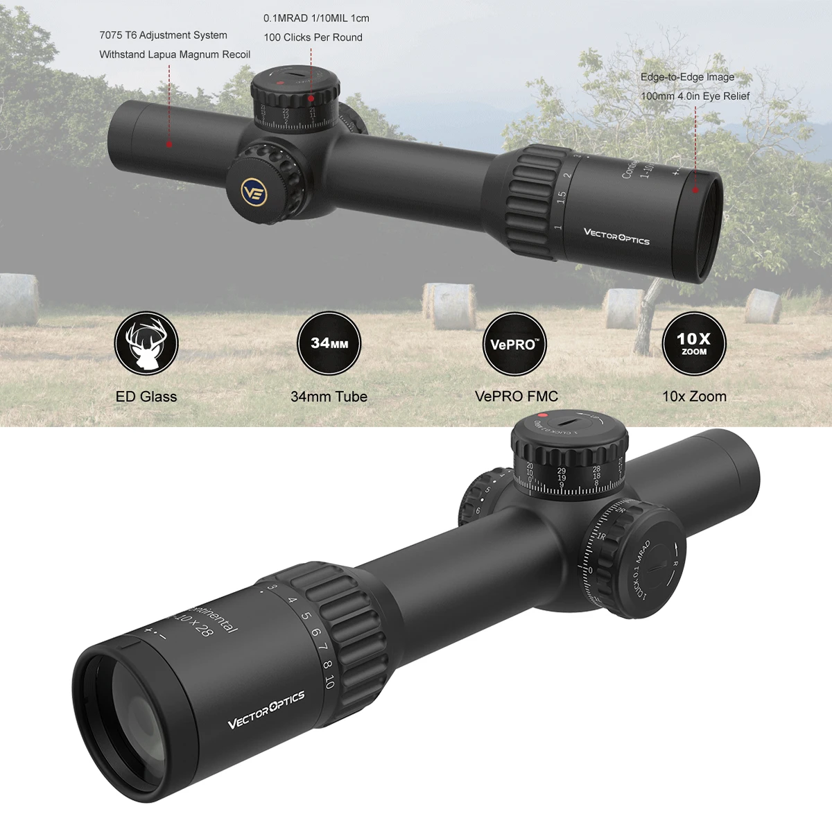 Vector Optics Continental 1-10x28 FFP 34mm Riflescope,Extra-Low Dispersion ED Glass For Dawn,Dusk Shooting,Hunting,Competition