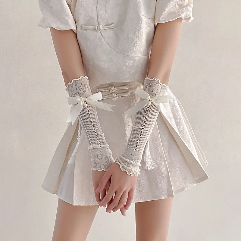 

Belted Lace Sock Set - Thin Style, Open Design, White Color, Sweet Pearl Detail, Ballet-style Sleeves, Sleeve Cover