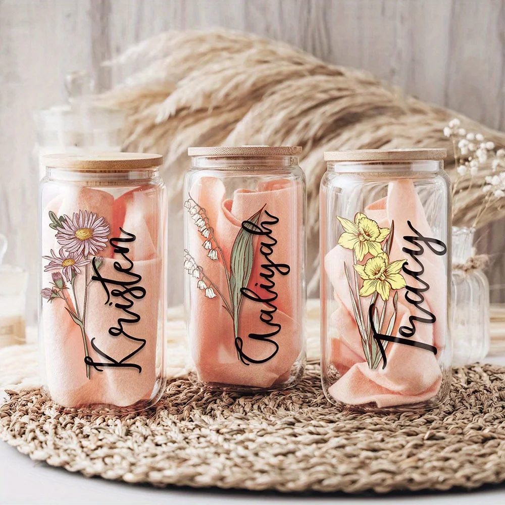 Custom Birth Flower Name Glass Can Cup with Bamboo Lid & Straw,Personalized Floral Iced Coffee Glass Tumbler Custom Gift. view 3