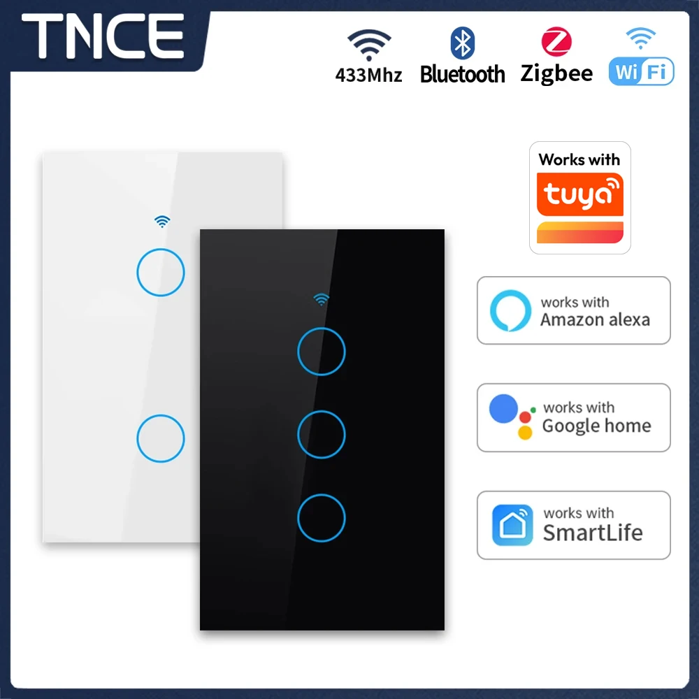 

TNCE Tuya US WiFi+Bluetooth/Zigbee Smart Wall Switch RF433 1/2/3/4 Gang Smart Touch Sensor LED Light Switches Alexa Google Home
