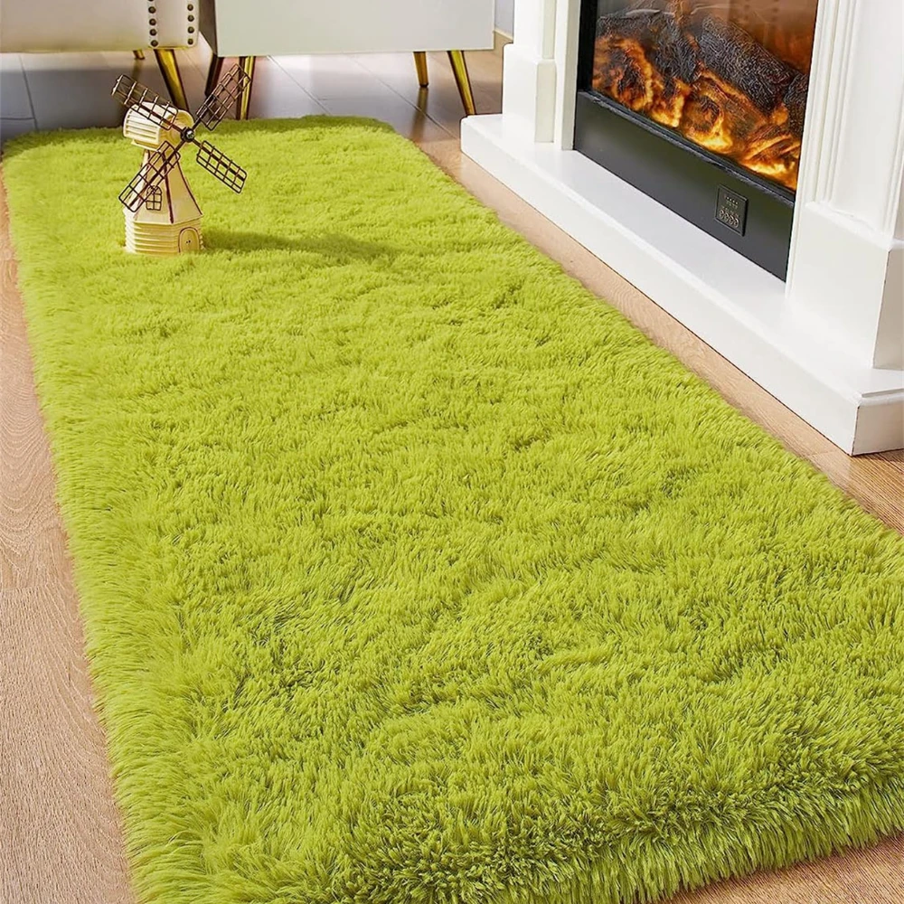 Loyangogo-alfombra decorativa de felpa larga y suave, color verde, adecuada para habitación, sala de estar, dormitorio y mesita de noche