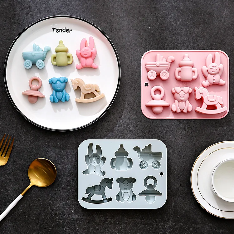 

2 Pack 6-hole Baby Theme Shapes Silicone Molds Baby Stroller Pacifier Trojan Horse Fondant Candy Chocolate Mould Cake Decoration