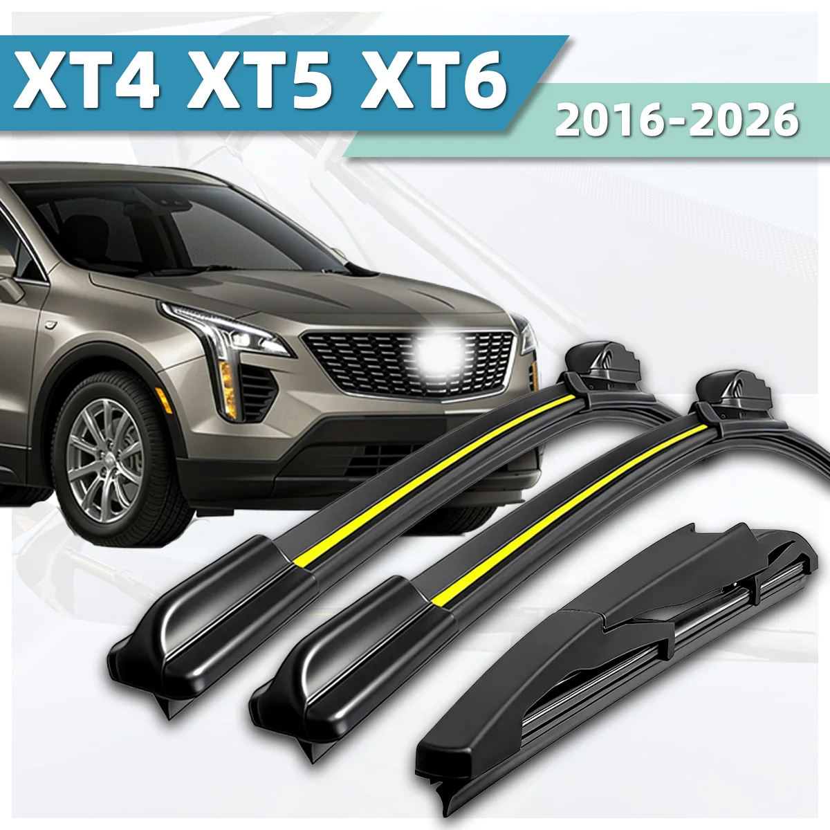 3-teiliger Geräuscharmer Auto-Scheibenwischer Geeignet für Cadillac XT4 XT5 XT6 2016-2026 Naturkautschukstreifen Zubehör Vordere und Hintere Wischerblätter