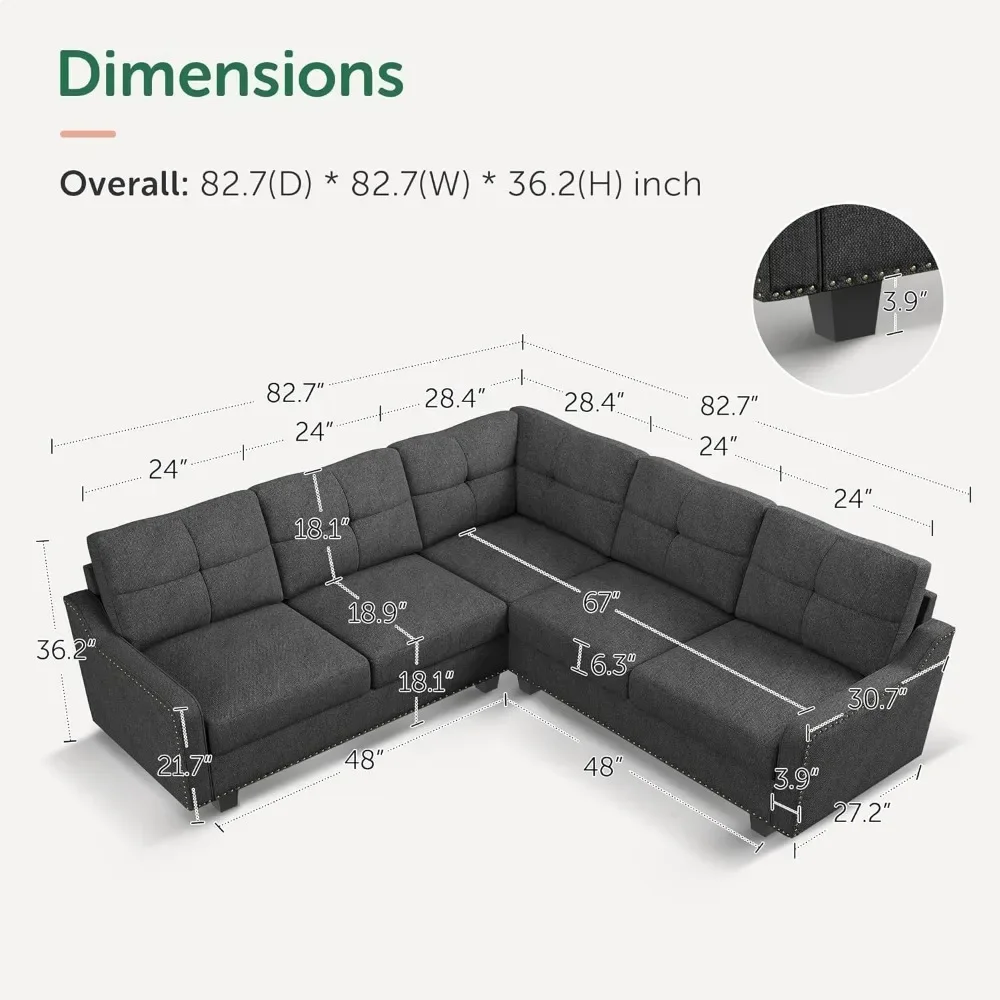 L Shaped Sofa, Convertible Modular Sofa, Reversible 4 Seater Corner Sofa for Small Apartment, Dark Gray Sofa