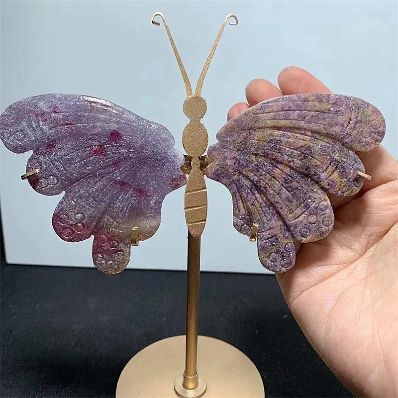 

Natural polished crystal hand carved angel wings purple and pink quartz for home decoration