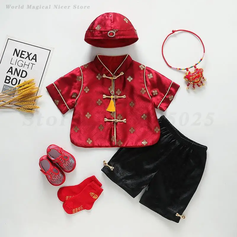 بدلة تانغ التقليدية للأطفال الصغار بأكمام قصيرة لمهرجان الربيع الصيني ملابس السنة الجديدة ملابس هانفو بعمر سنة واحدة #4