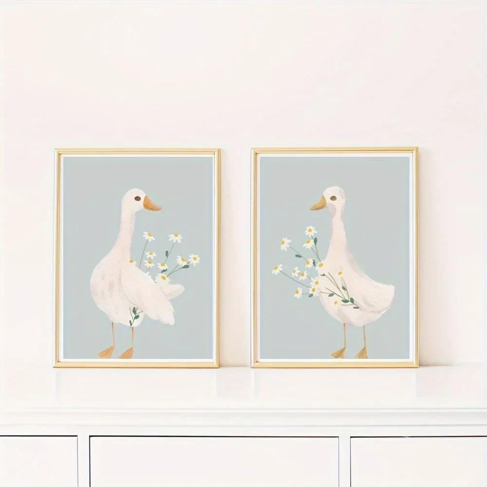 2pcs frameless Canvas Painting 2pcs Frameless Cute Duck and Swan-like Goose Wall Art Poster,Room Decor with Gray and Pink Canvas