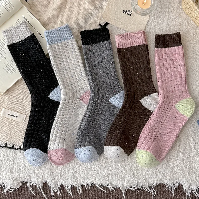 

1/5 pair of wool women's autumn winter warm and thick casual socks retro simple comfortable versatile mid tube socks