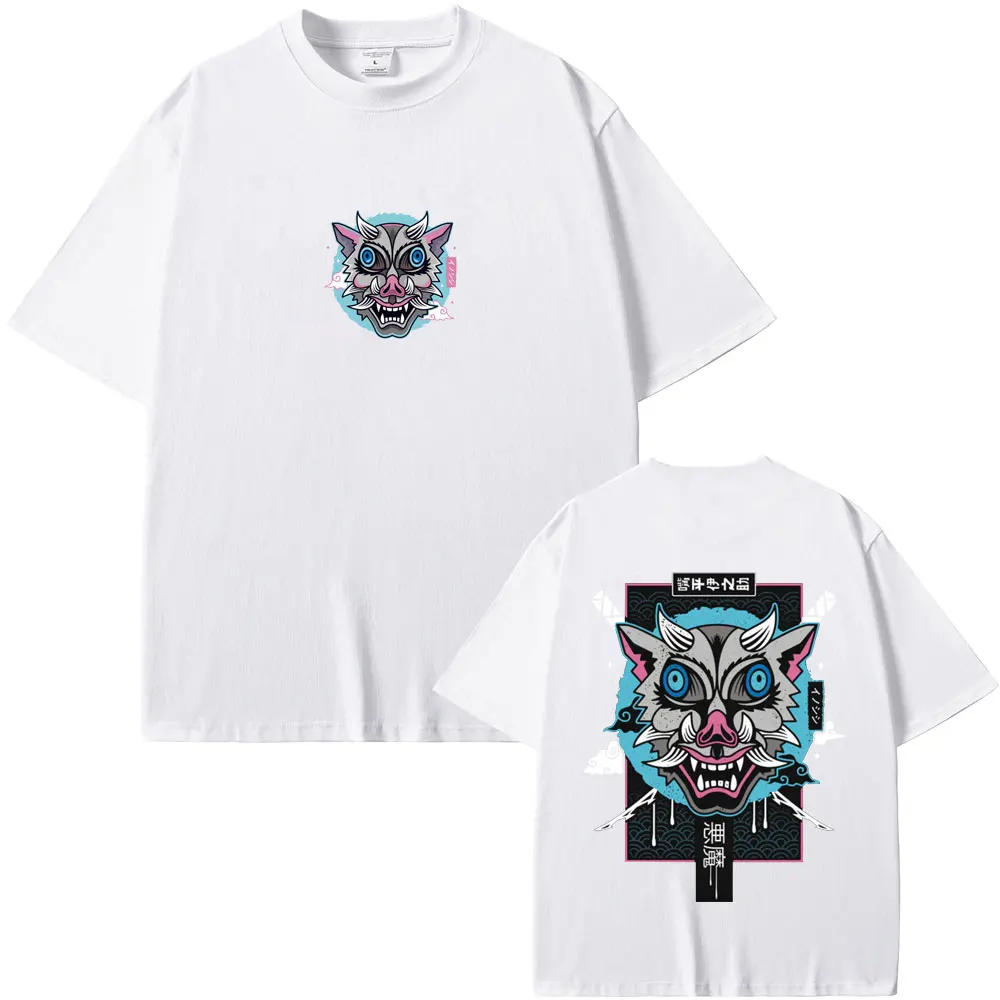 Anime Demon Slayer Print T Shirts Hashibira Inosuke Mask Face Graphic T-shirt Summer Men Women Casual Oversized Crewneck Tshirt